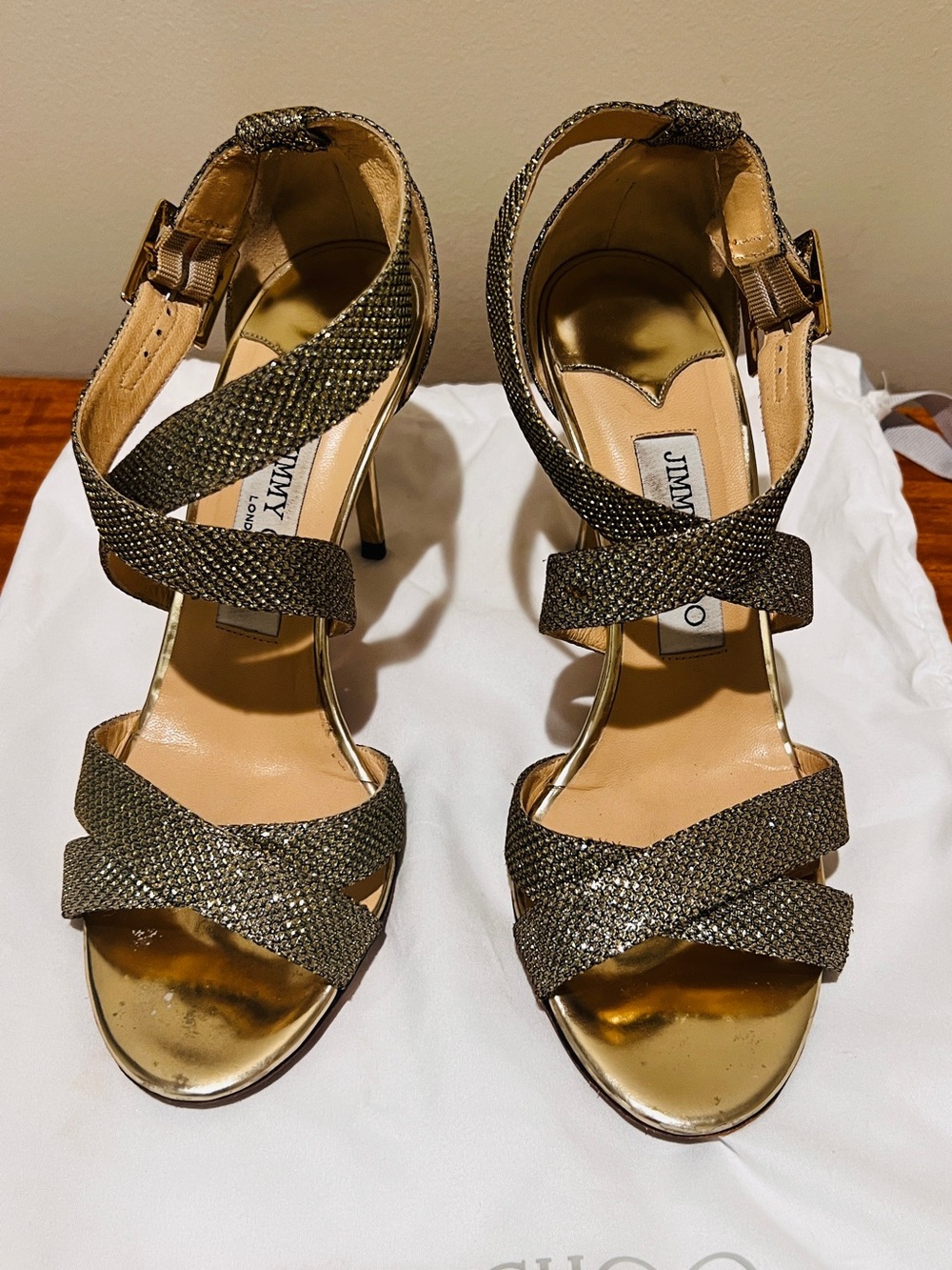 Authentic Jimmy Choo Gold Glitter Crisscross Strap Heels—-7